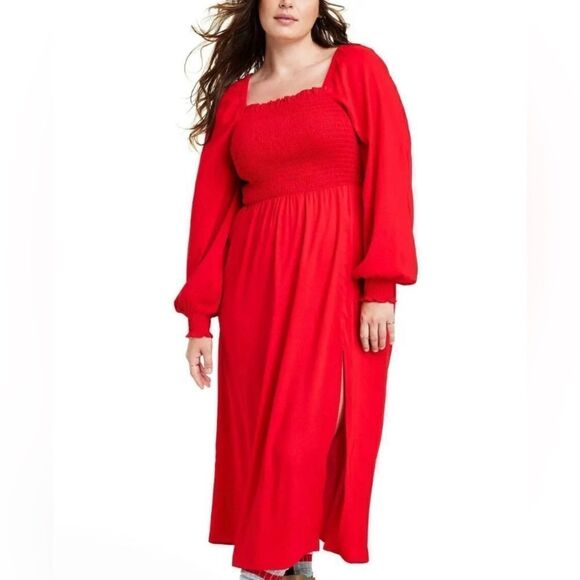 LA Ligne Smocked Bodice Midi Red Dress 4X Christmas Holiday Women's NWT - Picture 5 of 11